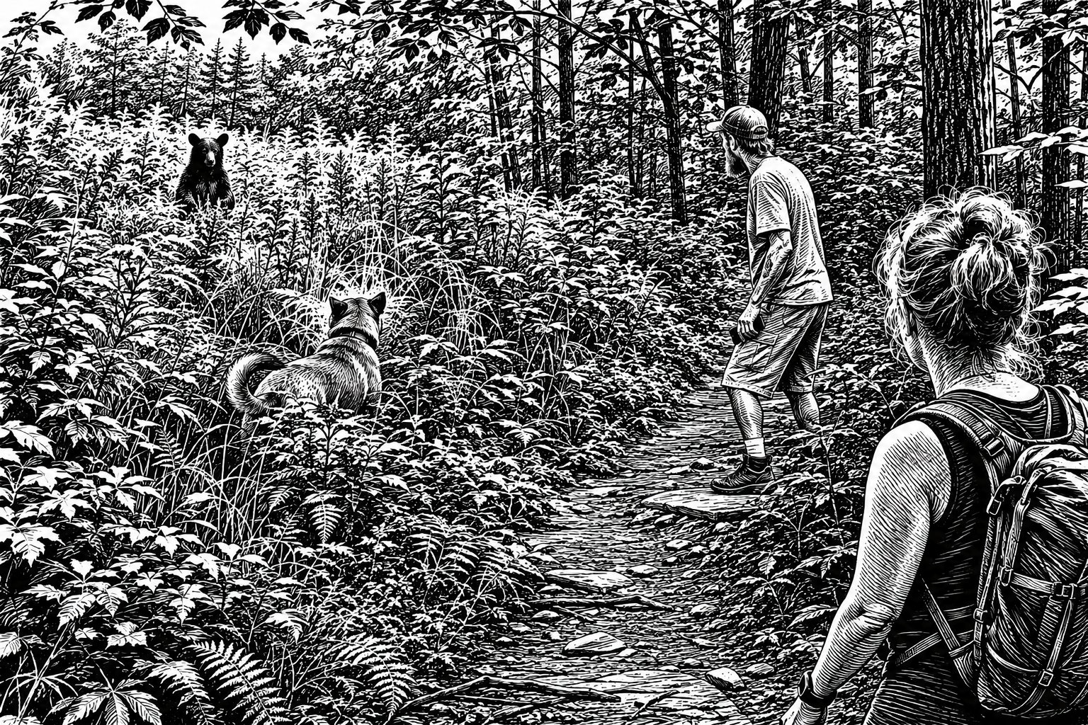 Illustrated sketch of the bear encounter on the trail, with Sunshine the guide dog alerting